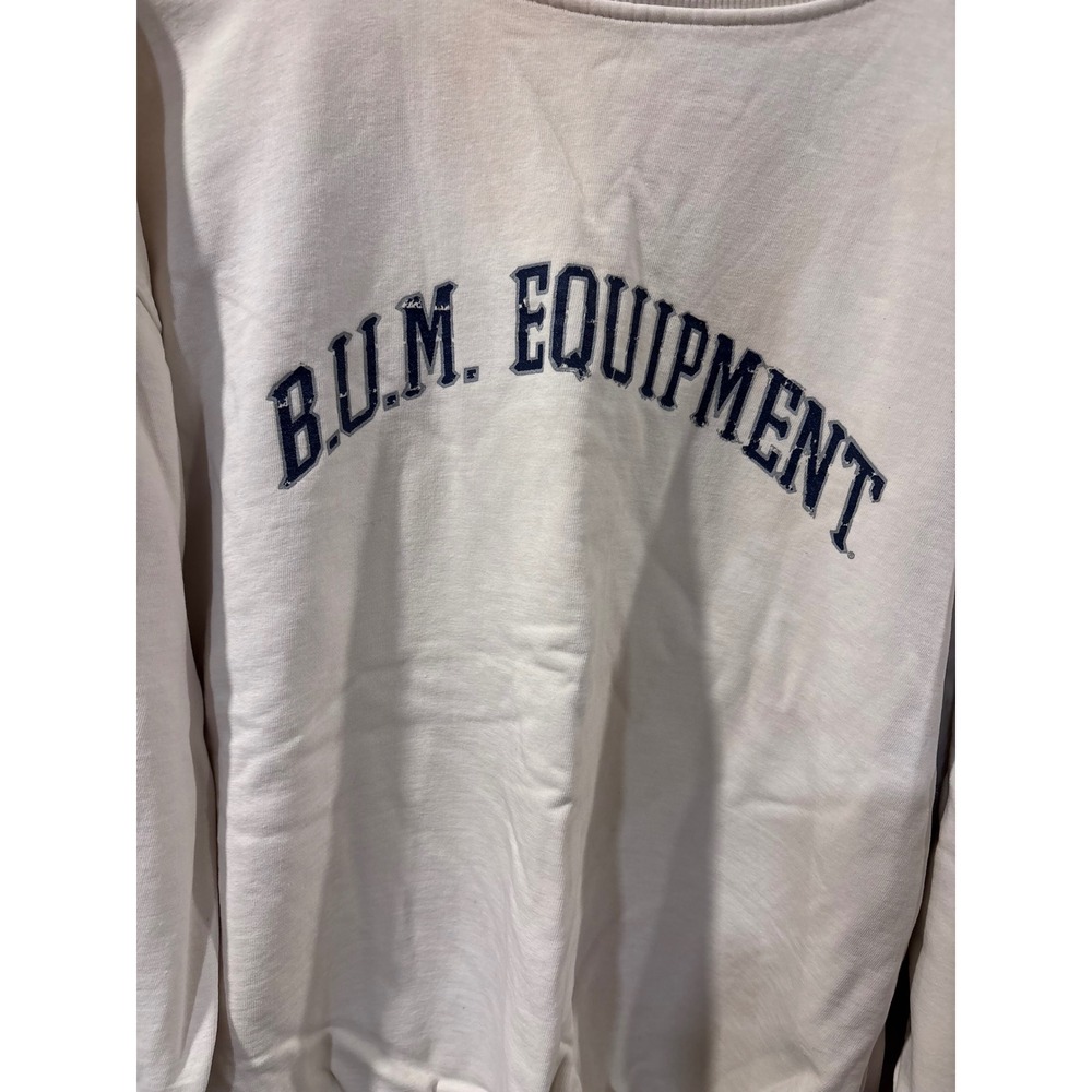 Vintage B.U.M. Equipment Sweatshirt Cream White Navy Logo Pullover Mens Medium - Picture 2 of 6